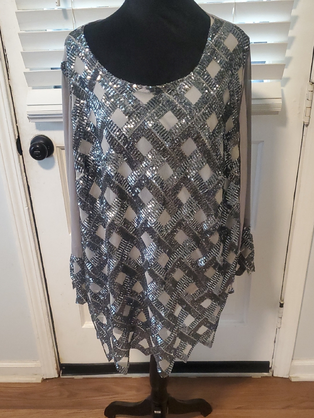 Studio B Silver Sequin Geometric Overlay Blouse